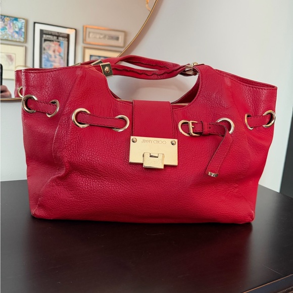 Jimmy Choo Handbags - Jimmy Choo Vibrant Red Leather Shoulder Bag with Gold Hardware